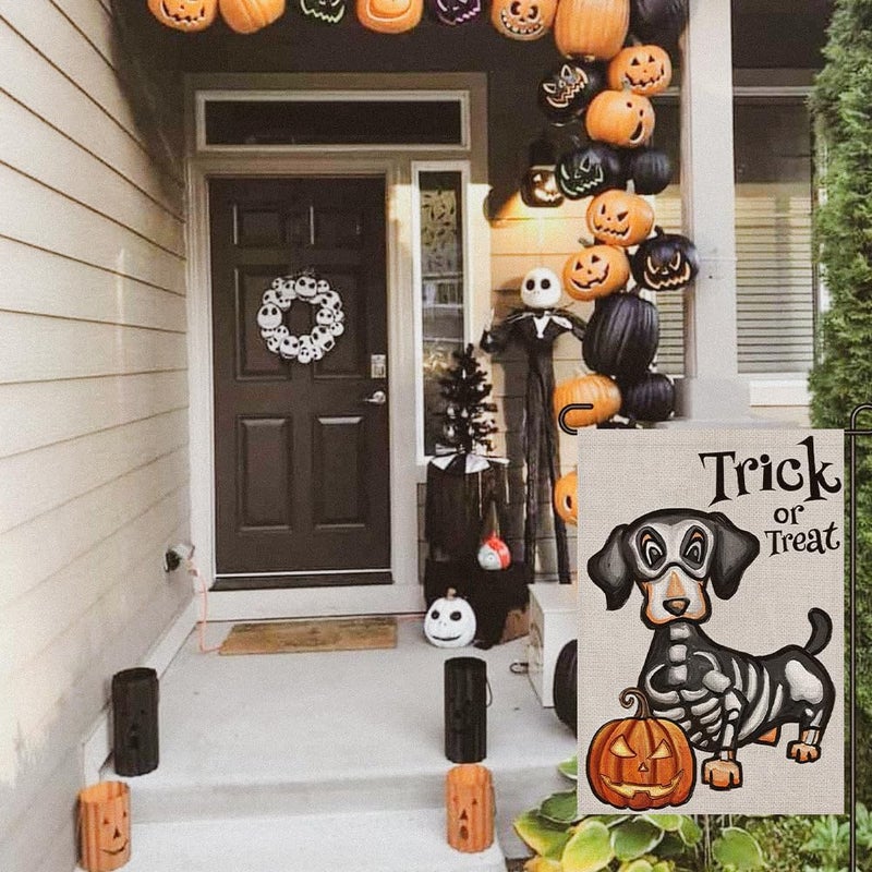 Decorhua Halloween Trick or Treat Garden Flag Ghost Dog 12x18 Inch Small Double Sided Burlap Welcome Yard Dachshund Skeleton Outside Decorations DF342 - Image 5